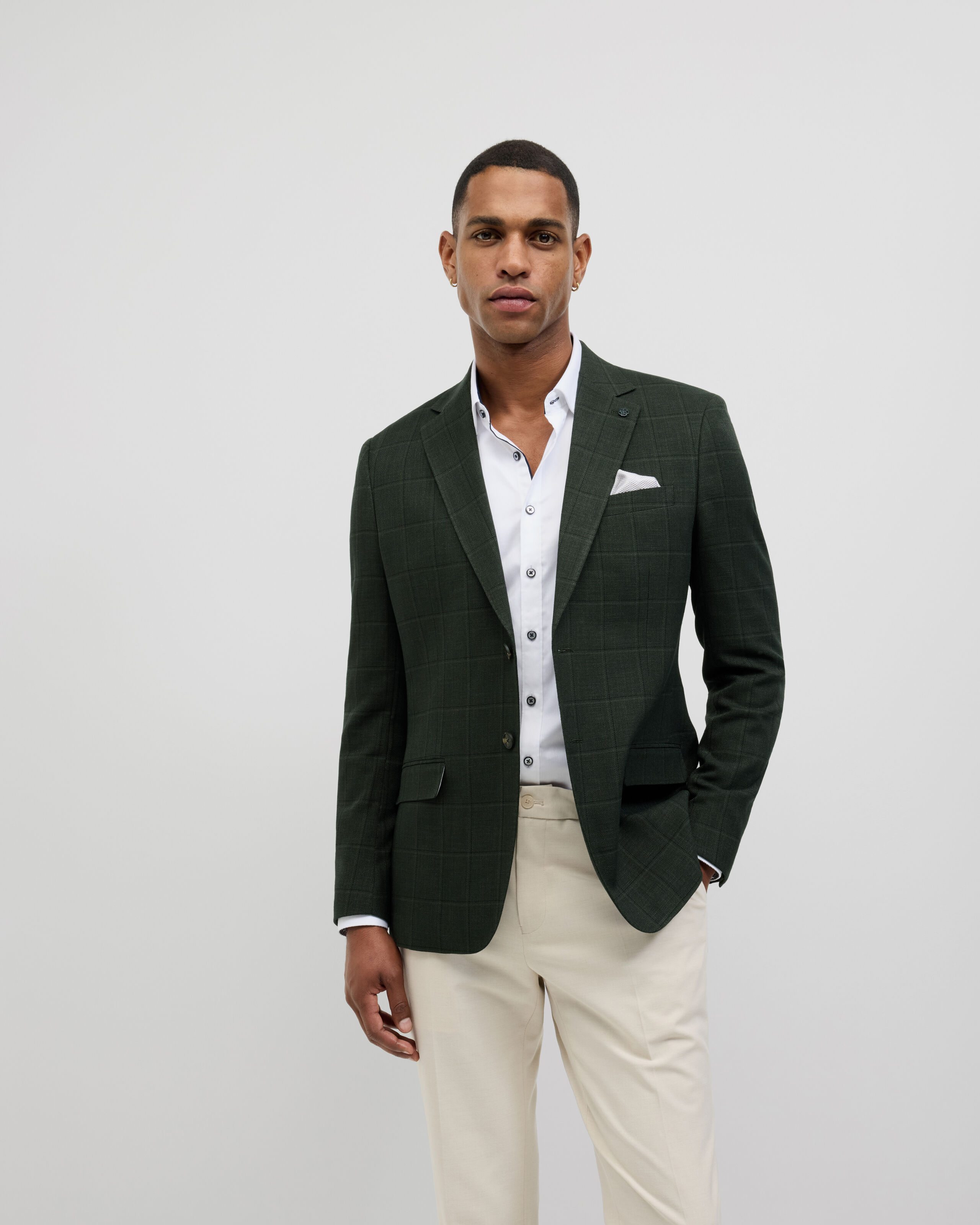 Windowpane Check Blazer - Khaki - Windowpane Check Blazer